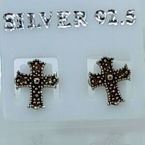 Vintage Sterling Silver Gothic Cross Stud Earrings Antiqued Textured Tiny Studs
